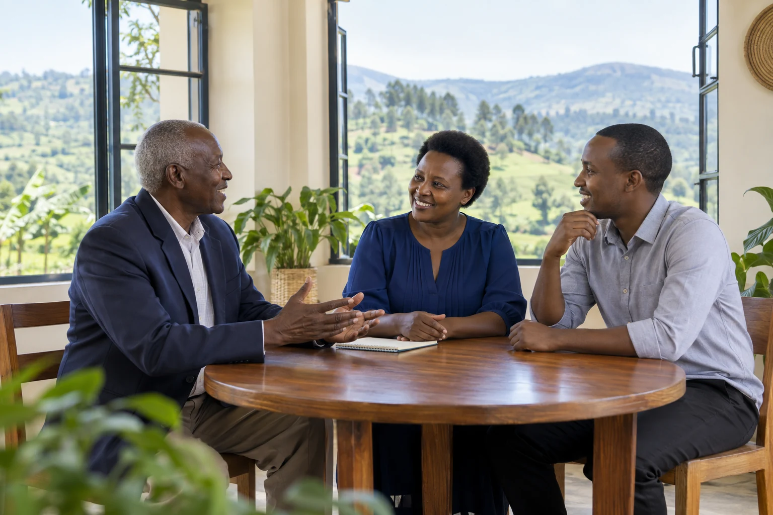 Abagize koperative baganira ku iterambere ryabo mu cyumba gifite urumuri.