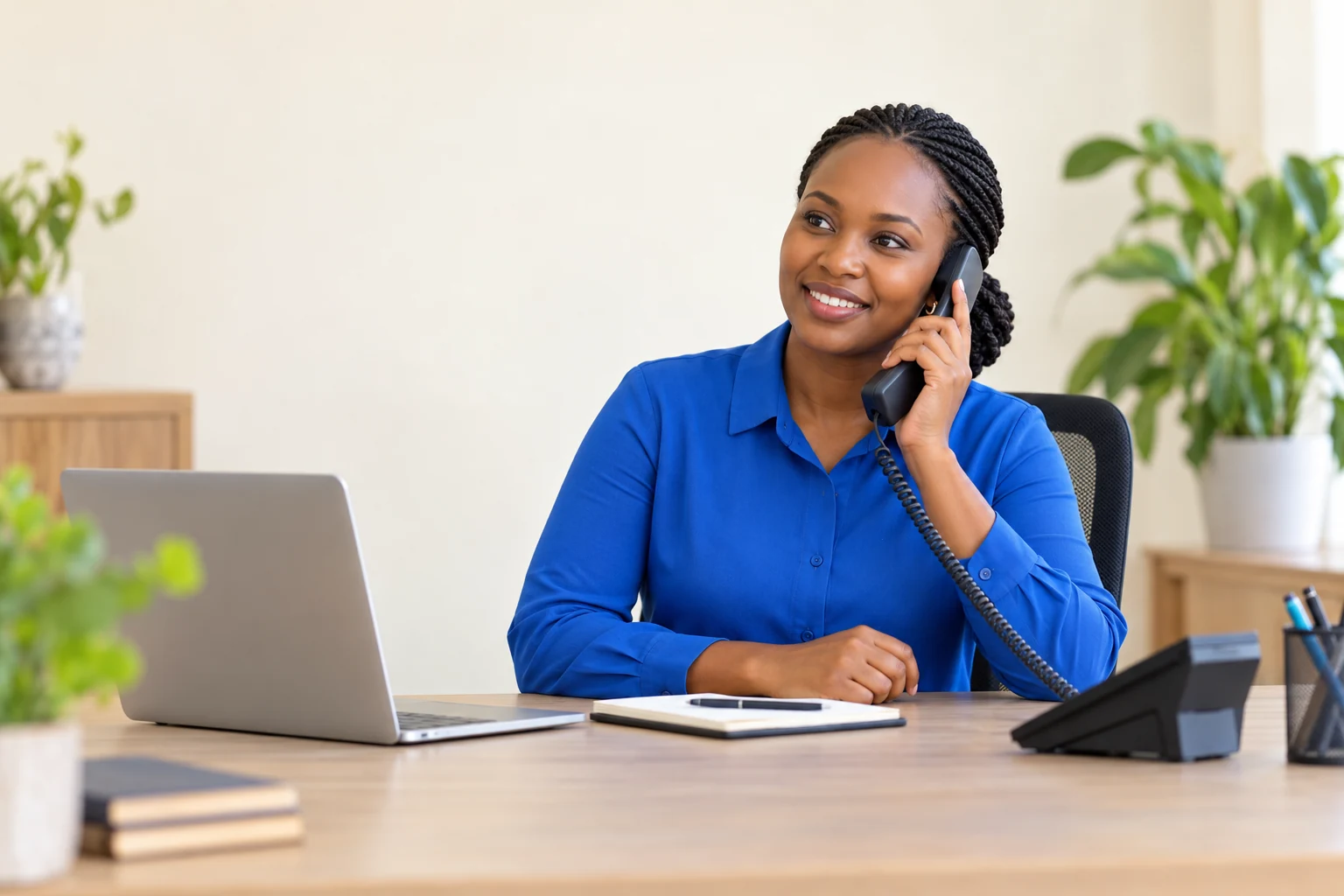 Umukozi w’ubufasha asubiza ikibazo kuri telefoni.